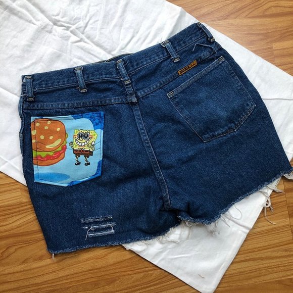UpCycled Cartoon Pocket Cut Offs Spongebob Square Pants 90's Fabric - Picture 1 of 5